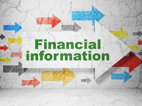 Finance concept:  arrow with Financial Information on grunge textured concrete wall background, 3D rendering