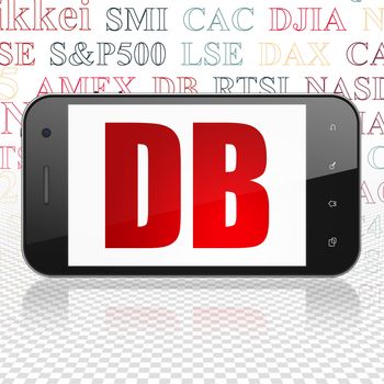 Stock market indexes concept: Smartphone with  red text DB on display,  Tag Cloud background, 3D rendering