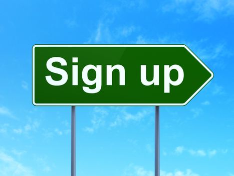 Web design concept: Sign Up on green road highway sign, clear blue sky background, 3D rendering