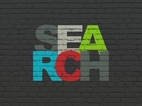 Web design concept: Painted multicolor text Search on Black Brick wall background