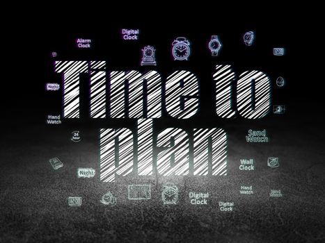 Time concept: Glowing text Time to Plan,  Hand Drawing Time Icons in grunge dark room with Dirty Floor, black background