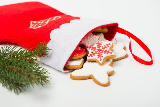 Christmas concept. Christmas sock with gingerbread and christmas tree branch on white background