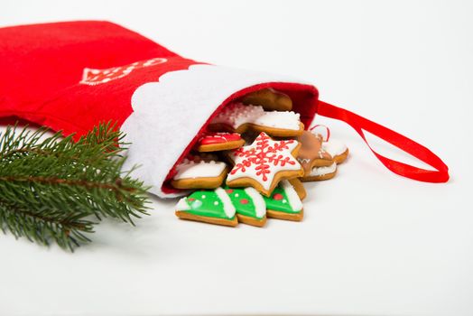 Christmas concept. Christmas sock with gingerbread and christmas tree branch on white background