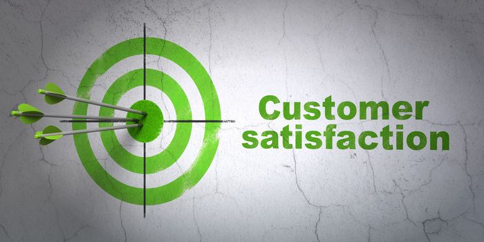 Success marketing concept: arrows hitting the center of target, Green Customer Satisfaction on wall background, 3D rendering