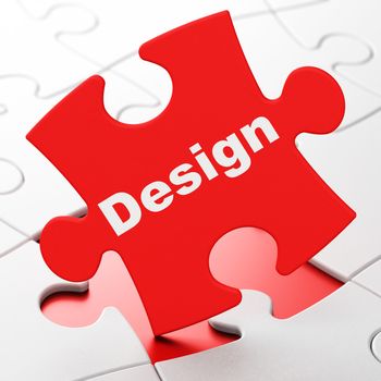 Marketing concept: Design on Red puzzle pieces background, 3D rendering