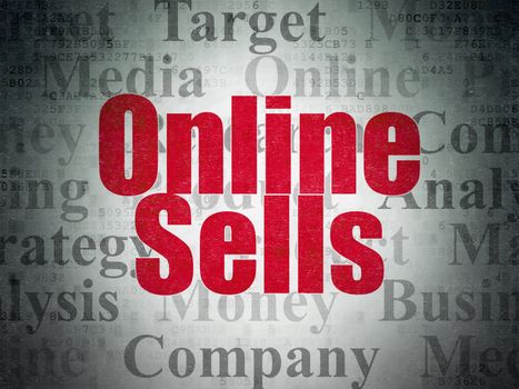 Marketing concept: Painted red text Online Sells on Digital Data Paper background with   Tag Cloud