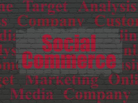 Marketing concept: Painted red text Social Commerce on Black Brick wall background with  Tag Cloud