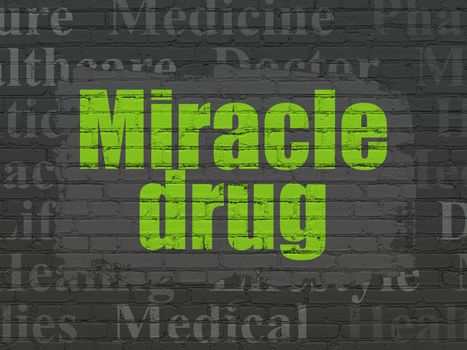 Health concept: Painted green text Miracle Drug on Black Brick wall background with  Tag Cloud