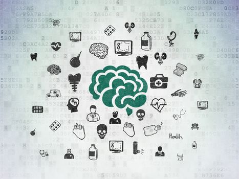 Medicine concept: Painted green Brain icon on Digital Data Paper background with  Hand Drawn Medicine Icons