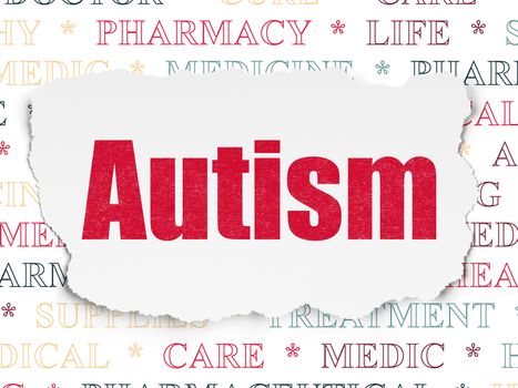 Medicine concept: Painted red text Autism on Torn Paper background with  Tag Cloud