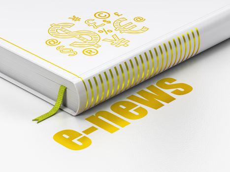 News concept: closed book with Gold Finance Symbol icon and text E-news on floor, white background, 3D rendering