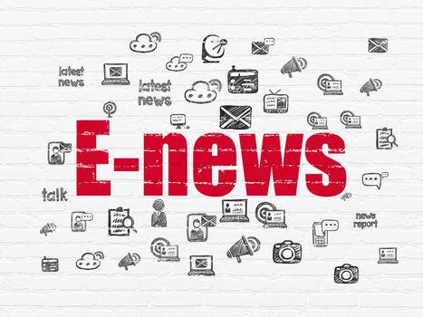 News concept: Painted red text E-news on White Brick wall background with  Hand Drawn News Icons