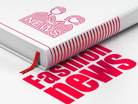 News concept: closed book with Red Anchorman icon and text Fashion News on floor, white background, 3D rendering