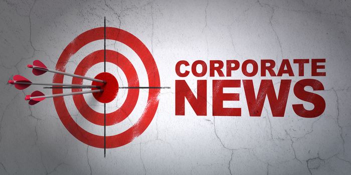 Success news concept: arrows hitting the center of target, Red Corporate News on wall background, 3D rendering