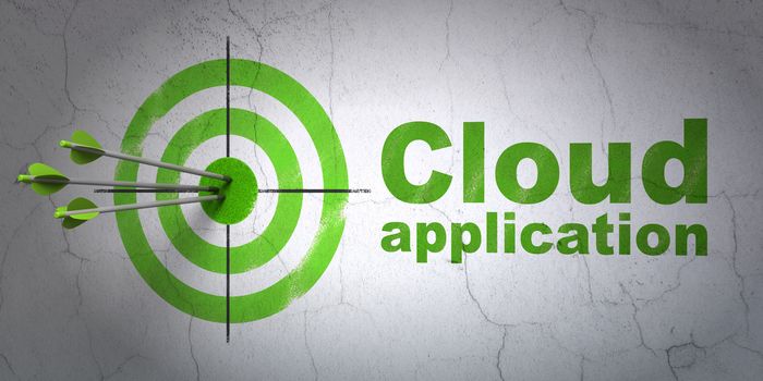 Success cloud computing concept: arrows hitting the center of target, Green Cloud Application on wall background, 3D rendering