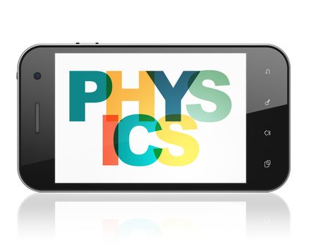 Studying concept: Smartphone with Painted multicolor text Physics on display, 3D rendering