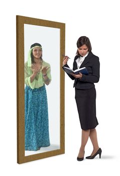 Businesswoman standing in front of a mirror reflecting herself in hippie clothes