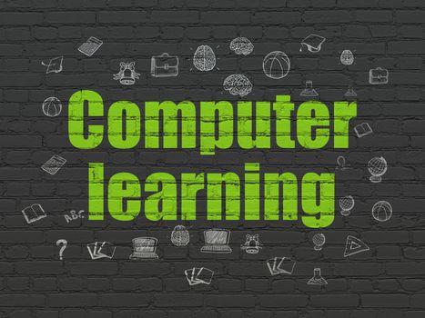 Learning concept: Painted green text Computer Learning on Black Brick wall background with  Hand Drawn Education Icons