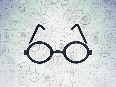 Learning concept: Painted black Glasses icon on Digital Data Paper background with Scheme Of Hand Drawn Education Icons