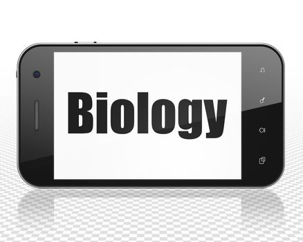 Education concept: Smartphone with black text Biology on display, 3D rendering