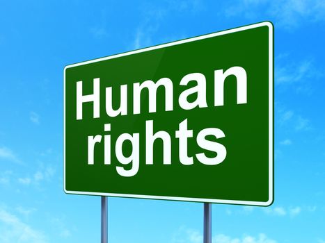 Political concept: Human Rights on green road highway sign, clear blue sky background, 3D rendering