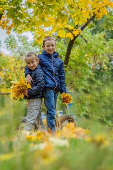 Sister and brother hugging among autumn forest