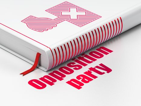 Political concept: closed book with Red Protest icon and text Opposition Party on floor, white background, 3D rendering