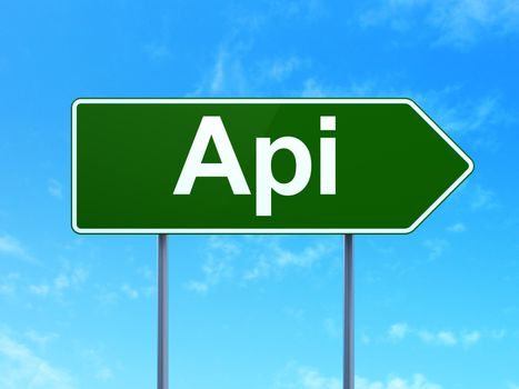 Programming concept: Api on green road highway sign, clear blue sky background, 3D rendering