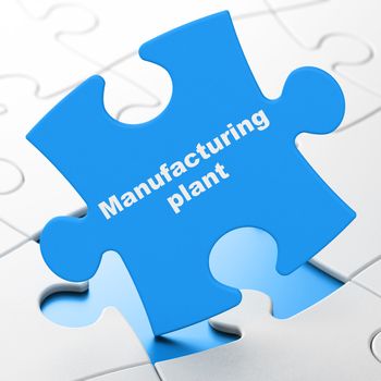 Manufacuring concept: Manufacturing Plant on Blue puzzle pieces background, 3D rendering