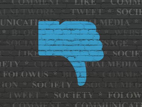 Social network concept: Painted blue Thumb Down icon on Black Brick wall background with  Tag Cloud