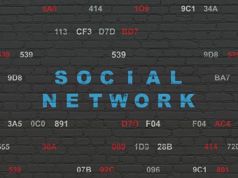 Social network concept: Painted blue text Social Network on Black Brick wall background with Hexadecimal Code