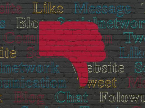 Social media concept: Painted red Thumb Down icon on Black Brick wall background with  Tag Cloud