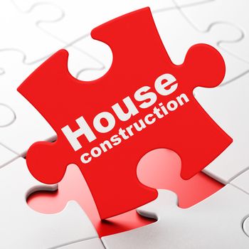 Building construction concept: House Construction on Red puzzle pieces background, 3D rendering