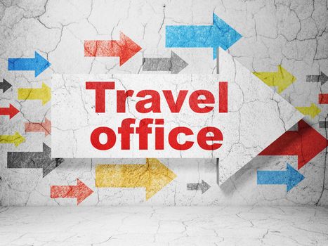 Tourism concept:  arrow with Travel Office on grunge textured concrete wall background, 3D rendering