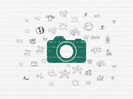 Travel concept: Painted green Photo Camera icon on White Brick wall background with  Hand Drawn Vacation Icons