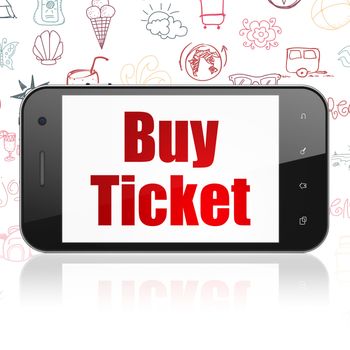 Vacation concept: Smartphone with  red text Buy Ticket on display,  Hand Drawn Vacation Icons background, 3D rendering