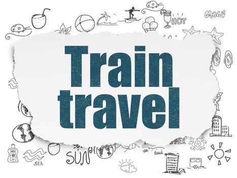 Vacation concept: Painted blue text Train Travel on Torn Paper background with  Hand Drawn Vacation Icons