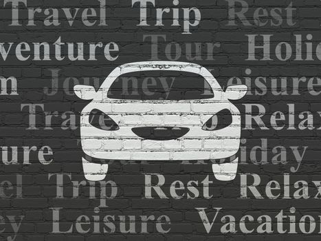 Travel concept: Painted white Car icon on Black Brick wall background with  Tag Cloud