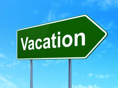 Vacation concept: Vacation on green road highway sign, clear blue sky background, 3D rendering