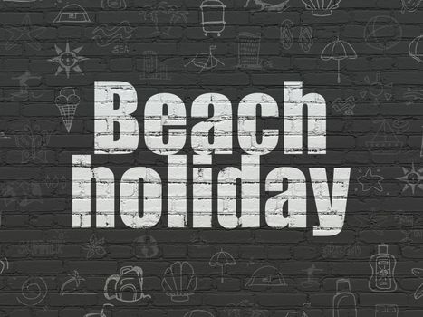 Travel concept: Painted white text Beach Holiday on Black Brick wall background with  Hand Drawn Vacation Icons