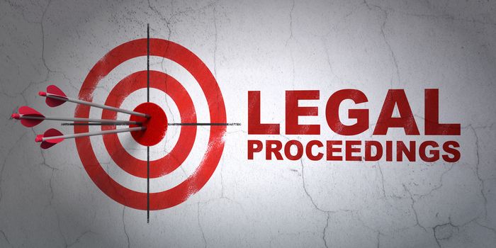 Success law concept: arrows hitting the center of target, Red Legal Proceedings on wall background, 3D rendering