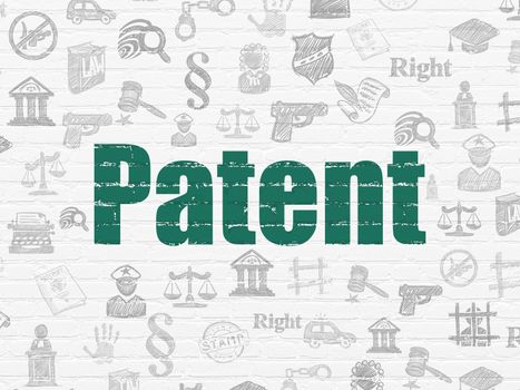 Law concept: Painted green text Patent on White Brick wall background with  Hand Drawn Law Icons