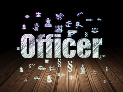 Law concept: Glowing text Officer,  Hand Drawn Law Icons in grunge dark room with Wooden Floor, black background