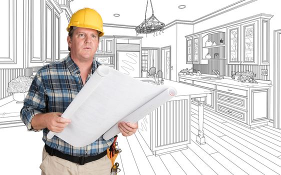 Male Contractor With House Plans Wearing Hard Hat In Front of Custom Kitchen Drawing