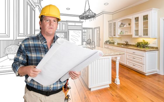 Male Contractor With House Plans Wearing Hard Hat In Front of Custom Kitchen Drawing Photo Combination