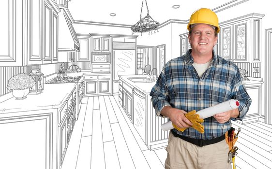 Male Contractor With House Plans Wearing Hard Hat In Front of Custom Kitchen Drawing