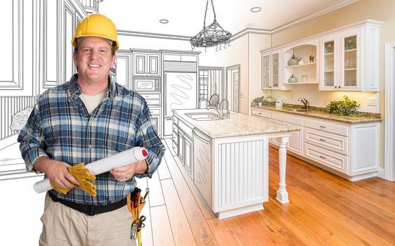 Male Contractor With House Plans Wearing Hard Hat In Front of Custom Kitchen Drawing Photo Combination