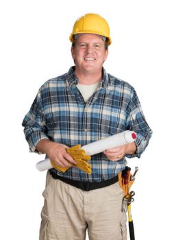 Male Contractor With House Plans Wearing Hard Hat Isolated on White