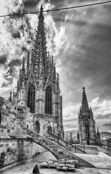 Main tower of the gothic Cathedral of the Holy Cross and Saint Eulalia, aka Barcelona Cathedral, Catalonia, Spain