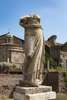 Roman statue at House of the Vestals in Roman Forum , Rome, Italy. The Roman Forum is one of the main tourist attractions of Rome.